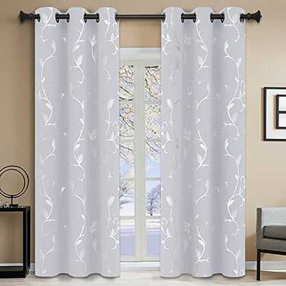 BUHUA Blackout Grommet for Kids Bedroom, 84 Inch Long - Thermal Insulated Drapes, Heat Blocking Panels, Wave Lines with Flower Pattern (42 x 84 Inch, Greyish White, 2 Panels) - color: Greyish White, size: 42"W x 84"L (Pack of 2)