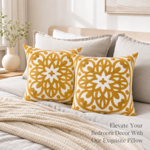 Alysheer Boho Embroidered Throw Pillow Cover 18"x18", 2pcs Mustard Yellow - color: Gold, size: 18" x 18" (Pack of 2)