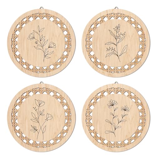 HPNIUB Minimalist Floral Wall Decor, Farmhouse Line Botanical Hanging Wooden Sign Wall Art, 4 Pieces 9.8''x9.8'' Aesthetic Flowers Leaf Wood Plaque, Modern Neutral Pictures for Living Room Office - color: Line style floral
