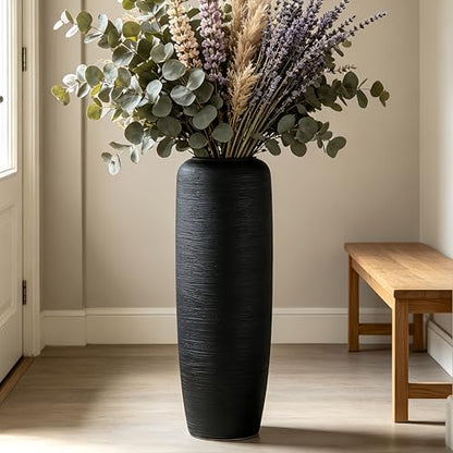 Black Rustic Ceramic Floor Vase, 24 Inch, Ribbed Texture - size: 23.6 Inch