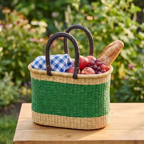 African Market Basket with Leather Handles, Woven Bolga Market Basket, 12"Wide (Green) - color: Green
