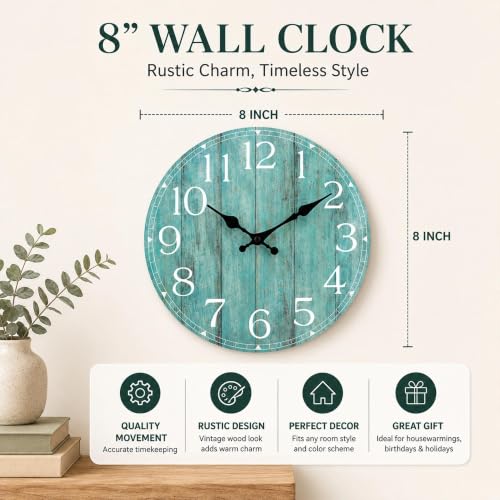 8 Inch Wall Clock, Silent Battery Operated Analog Clock, Teal - color: C-teal, size: 8"