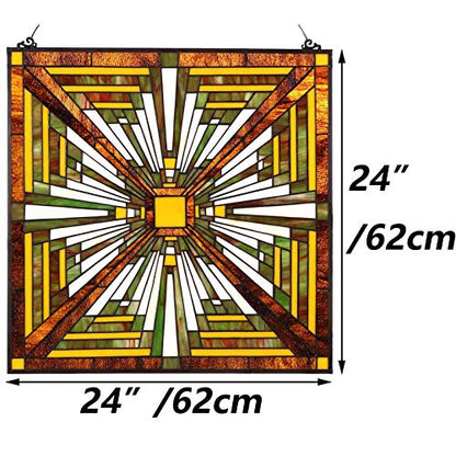 Bieye W10023 Mission Tiffany Style Stained Glass Window Panel with Chain, 24-inch Wide Square Shape, Brown