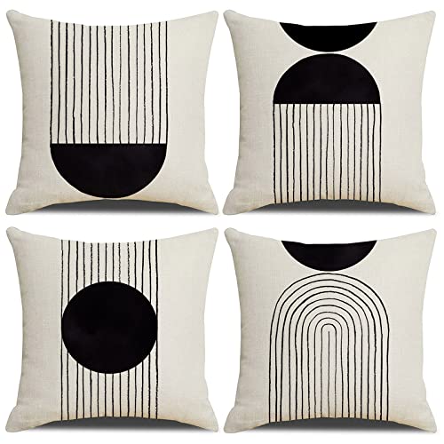 IcosaMro Black and White Boho Throw Pillow Covers 18x18 Set of 4 Beige - color: Mid Century Arched Geometry