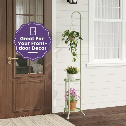 2-Tier Metal Plant Stand with Hanging Hook,Green - color: Green