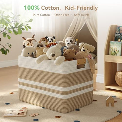Nunsino 96L Blanket Basket with Leather Handles,Laundry Basket,Brown White - color: Brown White, size: 96L
