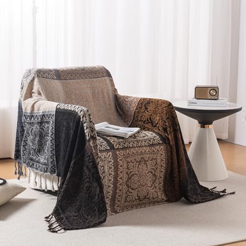 Boho Throw Blanket, Chenille Jacquard Tassels Throw Blankets for Bed Couch Soft Chair， Bohemian Fringe Tassels (Black, Large 86 * 102Inches) - color: Mocha Noir, size: 87" x 102"