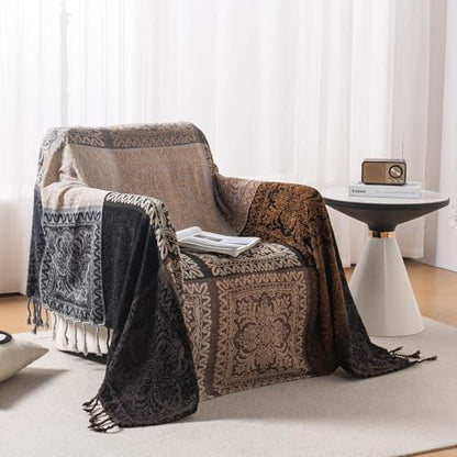Boho Throw Blanket, Chenille Jacquard Tassels Throw Blankets for Bed Couch Soft Chair， Bohemian Fringe Tassels (Black, Large 86 * 102Inches) - color: Mocha Noir, size: 87" x 102"