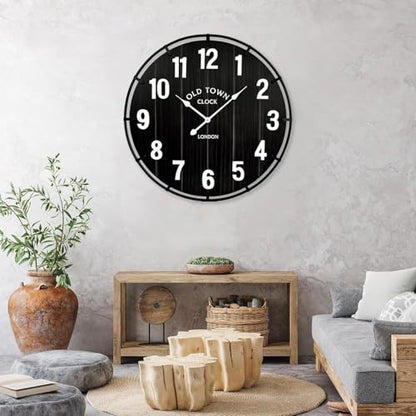 EMAX HOME Large Old Town Farmhouse Black Wall Clock 30 Inch Rustic Antique Wood with Metal Circle and Large Numerals Silent Battery Operated Wall Clock for Office Kitchen Bedroom Living Room - color: Black, size: 30 Inch