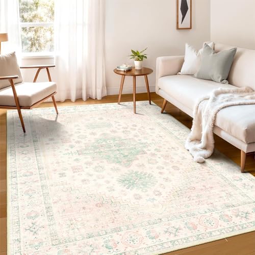 MUJOO 5x7 Area Rugs Washable Boho Low Pile Non Slip Pink and Green Large - color: Pink and Green, size: 5' x 7' (Rectangular)