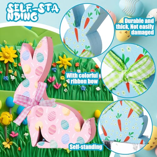 Thinkday 6 Pcs Easter Bunny Wooden Signs Rabbit Spring Table Signs for Home Office Table Wood Bunny Easter Decorations Sign with Ribbons for Tiered Tray Mantel Shelf, Farmhouse Party Supplies