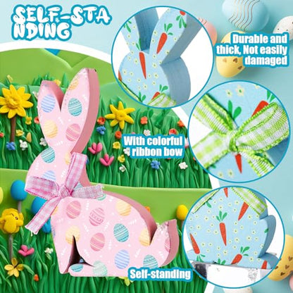Thinkday 6 Pcs Easter Bunny Wooden Signs Rabbit Spring Table Signs for Home Office Table Wood Bunny Easter Decorations Sign with Ribbons for Tiered Tray Mantel Shelf, Farmhouse Party Supplies