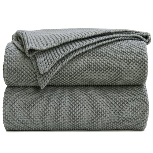 Longhui bedding Medium Grey 100% Cotton Lightweight Cable Knit Throw Blanket for Couch Sofa Bed Home Décor, Bonus Laundering Bag, Gray Color 60“ x 80” Machine Washable - color: Medium Grey, size: 60"x80"