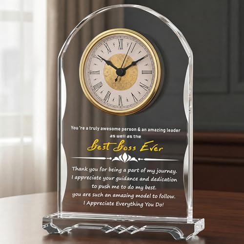 Meaningful Retirement Crystal Clock Gifts for Women Men, Best Boss Ever Happy Retirement Clock Plaque Gifts Going Away Gift Leaving Gifts Congratulations Retired Gifts Farewell Presents Ideas - color: Best Boss Ever