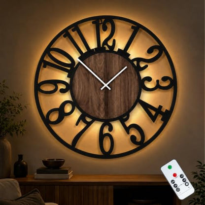 32" Silent Large Wall Clock – Adjustable Night Light, Battery Operated - color: Black Walnut - Arabic Numerals, size: 32 inch(80 cm)