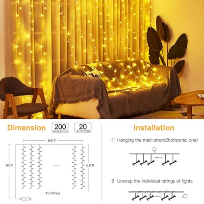 Ollny Curtain Lights 6.6x6.6ft, 200LED String Lights with Remote Warm White - color: Warm White, size: 200 LED