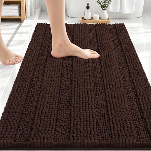 OLANLY Thick Bathroom Rugs 30x20, Soft Chenille Striped Bath Rugs, Brown - color: Brown, size: 30" X 20"