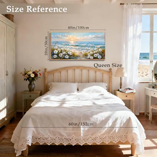 imjiayu Coastal Daisy Canvas Wall Art, Ocean Sunrise Beach Landscape Print - color: Beach Daisy, size: 40"L x 20"W