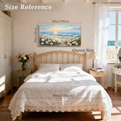 imjiayu Coastal Daisy Canvas Wall Art, Ocean Sunrise Beach Landscape Print - color: Beach Daisy, size: 40"L x 20"W