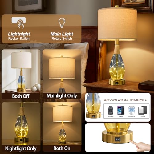OYEARS 23" Table Lamps for Living Room Set of 2,Bedside Lamps for Night Stands, Rattan Lamps for Bedroom,Farmhouse Lamps with Glass Nightlight,Two Light Points - color: Yellow Blue
