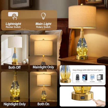 OYEARS 23" Table Lamps for Living Room Set of 2,Bedside Lamps for Night Stands, Rattan Lamps for Bedroom,Farmhouse Lamps with Glass Nightlight,Two Light Points - color: Yellow Blue