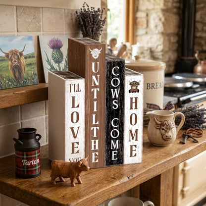 Xuhal 4 Pcs Highland Cow Table Decorations,Rustic Cow Wooden Book for Home - style: Highland Cow