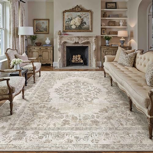 PureCozy 7x10 Washable Area Rug Living Room Cream Beige Vintage Carpet - color: Vintage Beige/Cream, size: 7' x 10' (Rectangular)