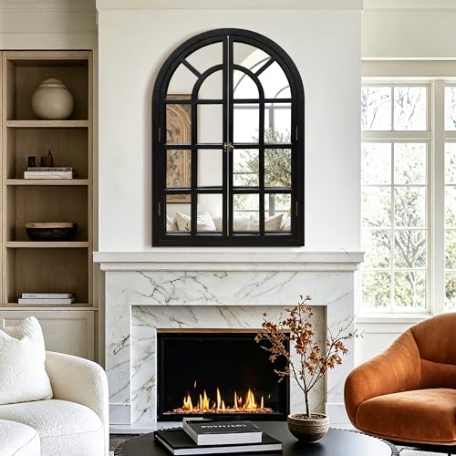 Arched Wood Mirror for Wall, 28" x 40" Rustic Farmhouse Mirror, Black - size: 40"L x 28"W