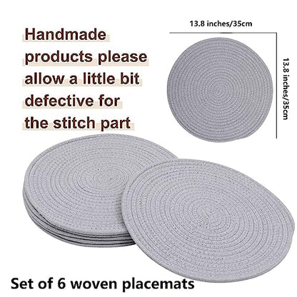 6 Pack Cotton Woven Placemats, 13.8 inches Round Plate Chargers Grey Thick Placemat Set Cotton Rope Braided Tablemats Rattan Tablemats Rustic Weave Placemats for Dining Table - color: Gray, size: Round Set of 6