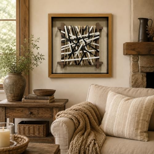 BrightA Wabi-Sabi Hand-Woven Jute Rope Framed Rustic Wall Art - color: Black + White + Natural Beige + Natural wood tone, size: 23.6"x23.6"