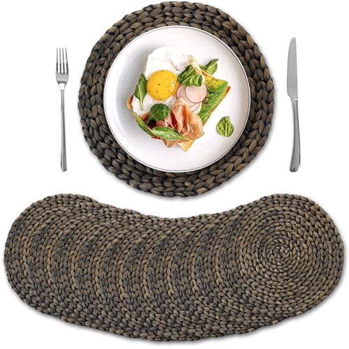 10 Pack, Round Woven Placemats, Natural Water Hyacinth Wicker Place Mats, Braided Straw Table Mats for Dining Table, Fall, Halloween, Thanksgiving, Christmas, Black (13.8 inch) - color: Black (Set of 10)