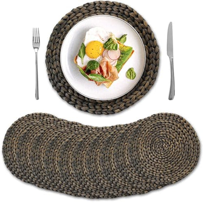 10 Pack, Round Woven Placemats, Natural Water Hyacinth Wicker Place Mats, Braided Straw Table Mats for Dining Table, Fall, Halloween, Thanksgiving, Christmas, Black (13.8 inch) - color: Black (Set of 10)