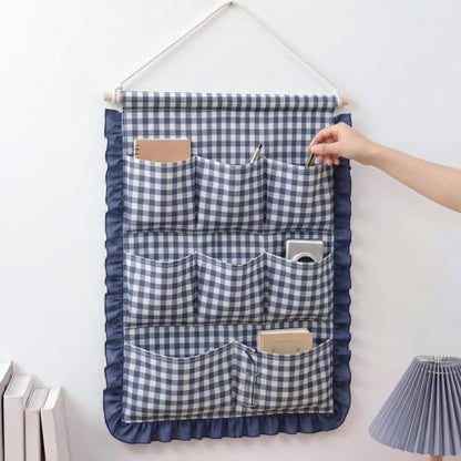 Amyhill Gingham Wall Hanging Organizer with Pocket Ruffled, Navy Blue - color: Navy Blue