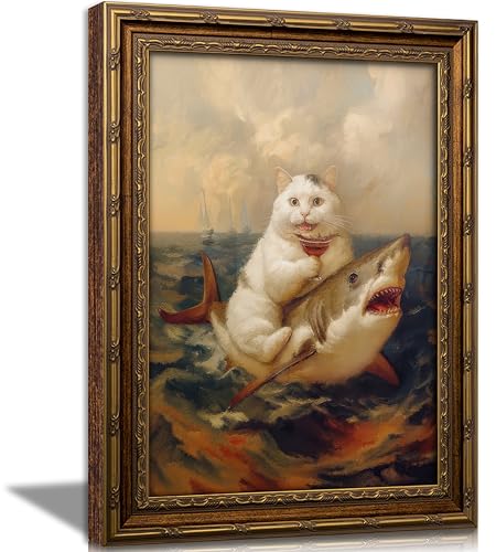 Vintage Framed Canvas Funny Cat Bathroom Wall Art Quirky Humor Wall Decor Cat Riding Shark Martini Painting Picture Print Artwork for Bedroom Living Room Bathroom 9x11 inch Ready to Hang - color: cat, size: 9"L x 11"W