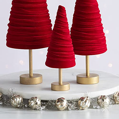 Red Velvet Pedestal Trees Set of 3, Made in USA, Classic Valentine Tabletop, Elegant Mantel Decor, Winter Wedding Centerpiece, Office Bookshelf (Red) - color: Red