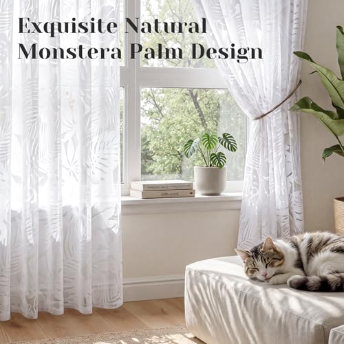 HOMEIDEAS White Semi Sheer Curtains Tropical Monstera Palm, 52 X 63 Inch - color: White - Monstera Palm Leaf, size: 52"W x 63"L (Pack of 2)