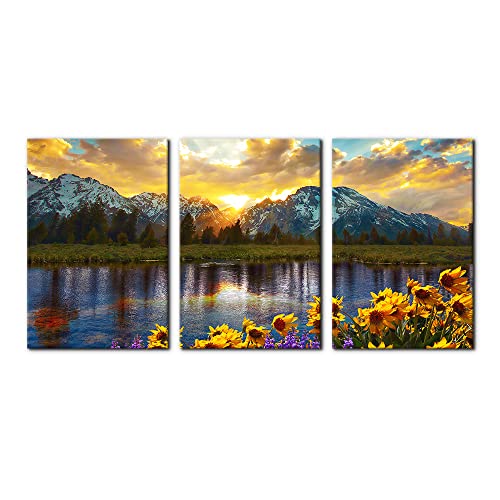 3 Pieces Mountain Canvas Wall Art for Living Room Nature Landscape Picture Sunflower Wall Decor for Bedroom Home Decoration Sunrise Grand Teton National Park Painting Framed Artwork - 16"x24"x3 Panels - color: Wallart-12, size: 16" x 24" x 3 Panels
