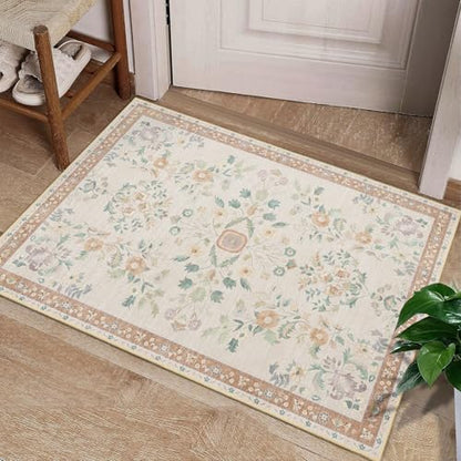 MUJOO Small Rug Washable 2x3 Area Rugs Non Slip Ultra-Thin Floral - color: Beige, size: 2' x 3' (Rectangular)