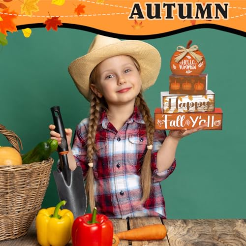 4 Pcs Fall Decor Home Pumpkin Wooden Sign Hello Fall Tiered Tray Decor - style: Pumpkin