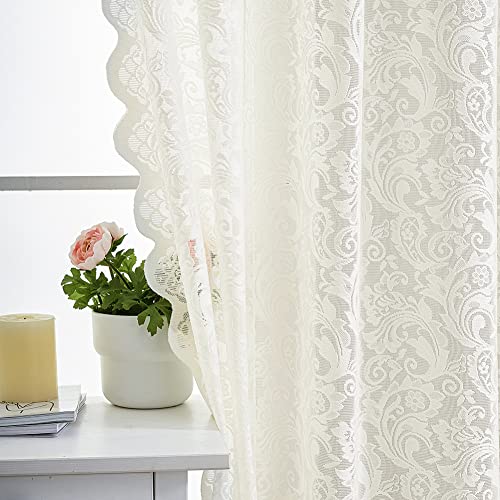 ALIGOGO Ivory Lace Curtains 63 Inch Length - Vintage Floral Cream Sheer Curtains for Bedroom Nursery 2 Panels, Rod Pocket Privacy Off White Window Treatments with Scalloped Edges, 52 x 63 Inch - color: Ivory, size: 52"W x 63"L (Pack of 2)