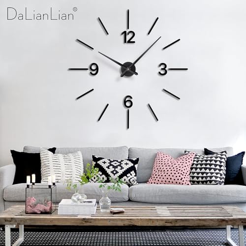 DIY Wall Clock, 3D Mirror Effect, Adjustable up to 65 in, Black - color: Black