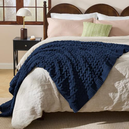 Deep Sea Blue Chunky Knit Throw Blanket,Extra Thick Cozy Sofa Blanket 50x60 - color: Deep Sea Blue, size: 50"x60"