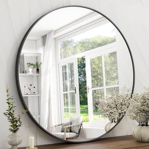 42 Inch Round Bathroom Mirror - Black Wall Mounted Circle Mirror with Metal Frame, Modern Round Hanging Mirror Suitable for Bathroom, Vanity, Entryway, Living Room - color: Black, size: 42"L x 42"W
