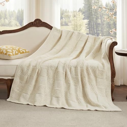 Amélie Home Checkered Chenille Knit Throw Blanket for Couch, Ivory, 50"x60" - color: Checkered Ivory, size: Checkered Knit 50"x60"