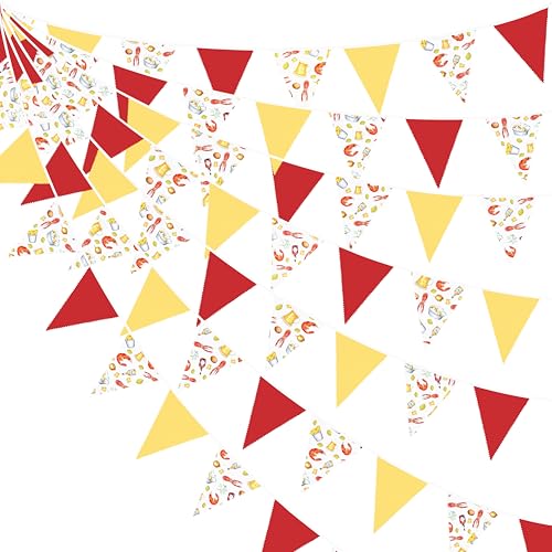 32Ft Crawfish Boil Party Decorations Red Yellow Beer Crawfish Pennant Banner Fabric Triangle Flag Garland Streamers for Lobster Birthday Shrimp Seafood Boil Barbecue Party Decor Supplies - color: Red Yellow Beer Crawfish