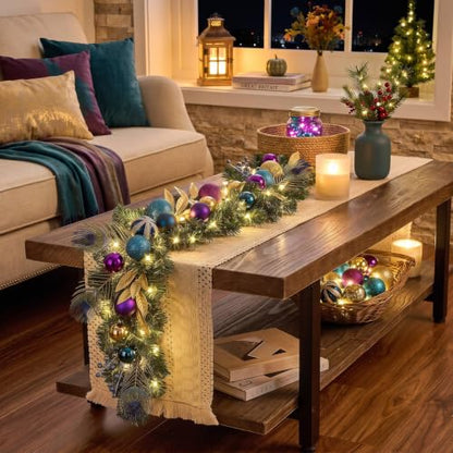 Valery Madelyn 6ft Pre-Lit Christmas Garland with Peacock Feather & Balls - color: Peacock, size: 6 feet