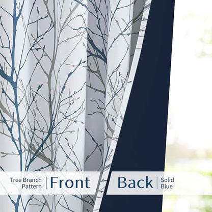 FMFUNCTEX 100% Blackout Blue Grey Tree Branch Curtains 72 Inch 2 Panels - color: Grommet | Blue, size: 52"W x 72"L (Pack of 2)