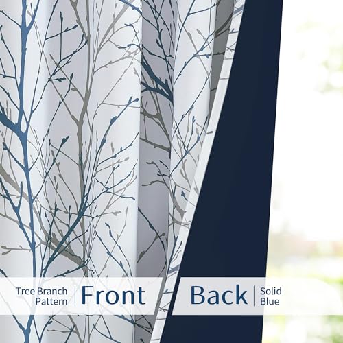 FMFUNCTEX 100% Blackout Blue Grey Tree Branch Curtains 54 Inch 2 Panels - color: Grommet | Blue, size: 52"W x 54"L (Pack of 2)
