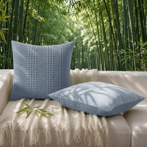 a moment 2 Pack Bamboo Fiber Pillow Covers - Waffle Weave, Ultra Soft & Breathable, Skin-Friendly Cotton Throw Pillow for Couch, Sofa, Bedroom Living Room 24x24 Inch Blue - color: Blue, size: 24" x 24" (Pack of 2)