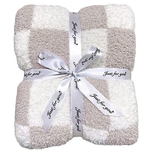 Ultra Soft Checkered Blanket Cream Cozy Buffalo Check Throw Fluffy Knitted Reversible Throw Blanket Lightweight Fleece Checkerboard Grid Blanket for Sofa Couch Bed Travel, Taupe/White, 51''x63'' - color: Taupe/White